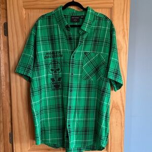 NWOT Harley-Davidson Green Plaid Short-Sleeve Button-Up Shirt with Skull Print